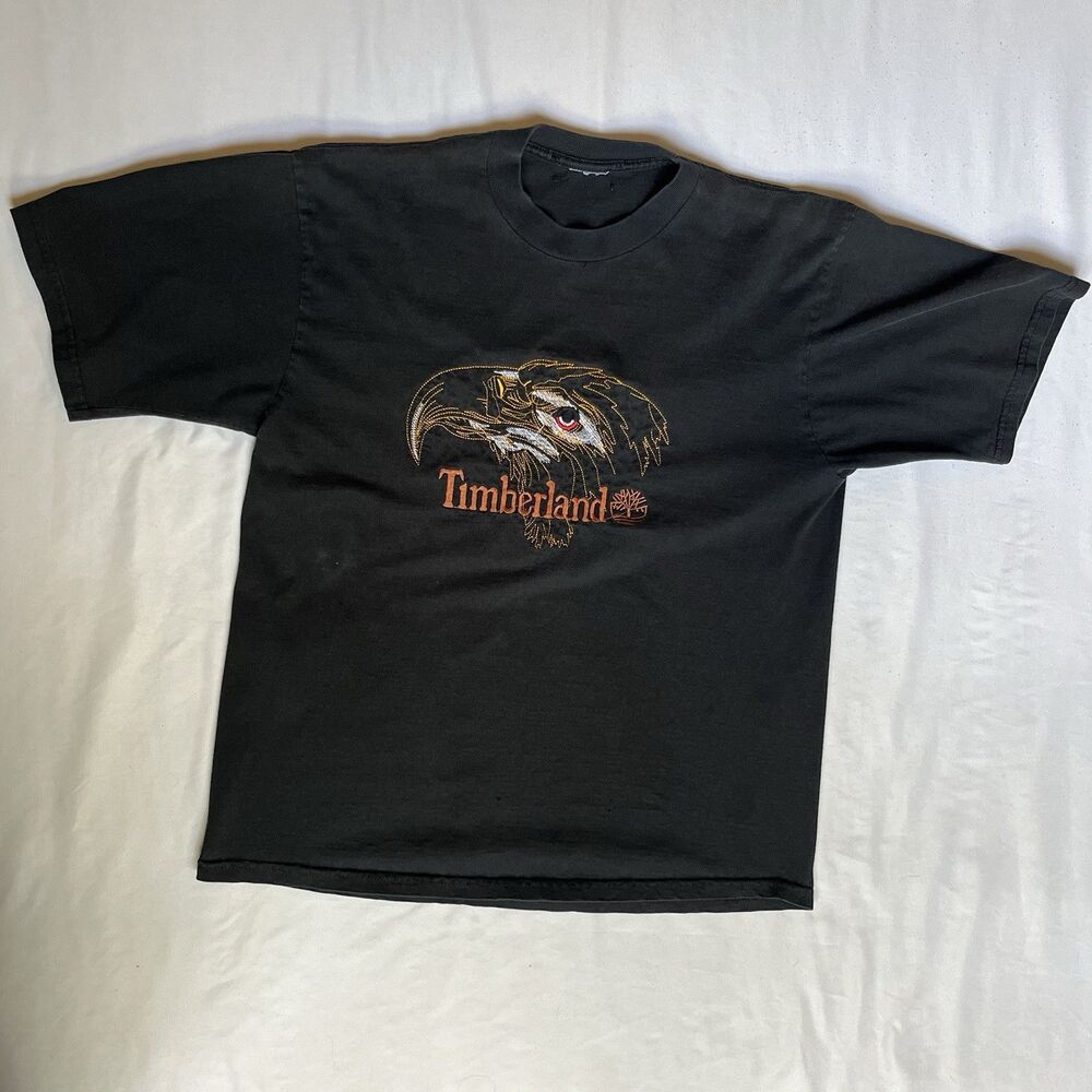 Vintage Timberland T Shirt M Medium Eagle Embroidered Black Logo Fade Rare
